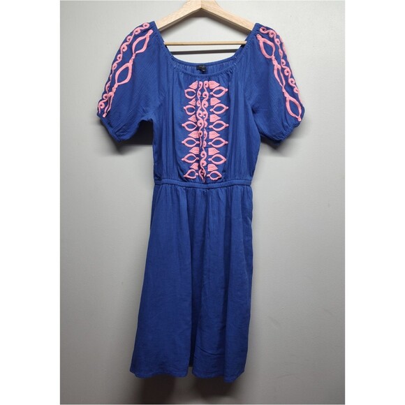 Talbots Mini Dress Women Size MP Blue Embroidered Short Sleeve Bohemian Casual - Picture 1 of 9